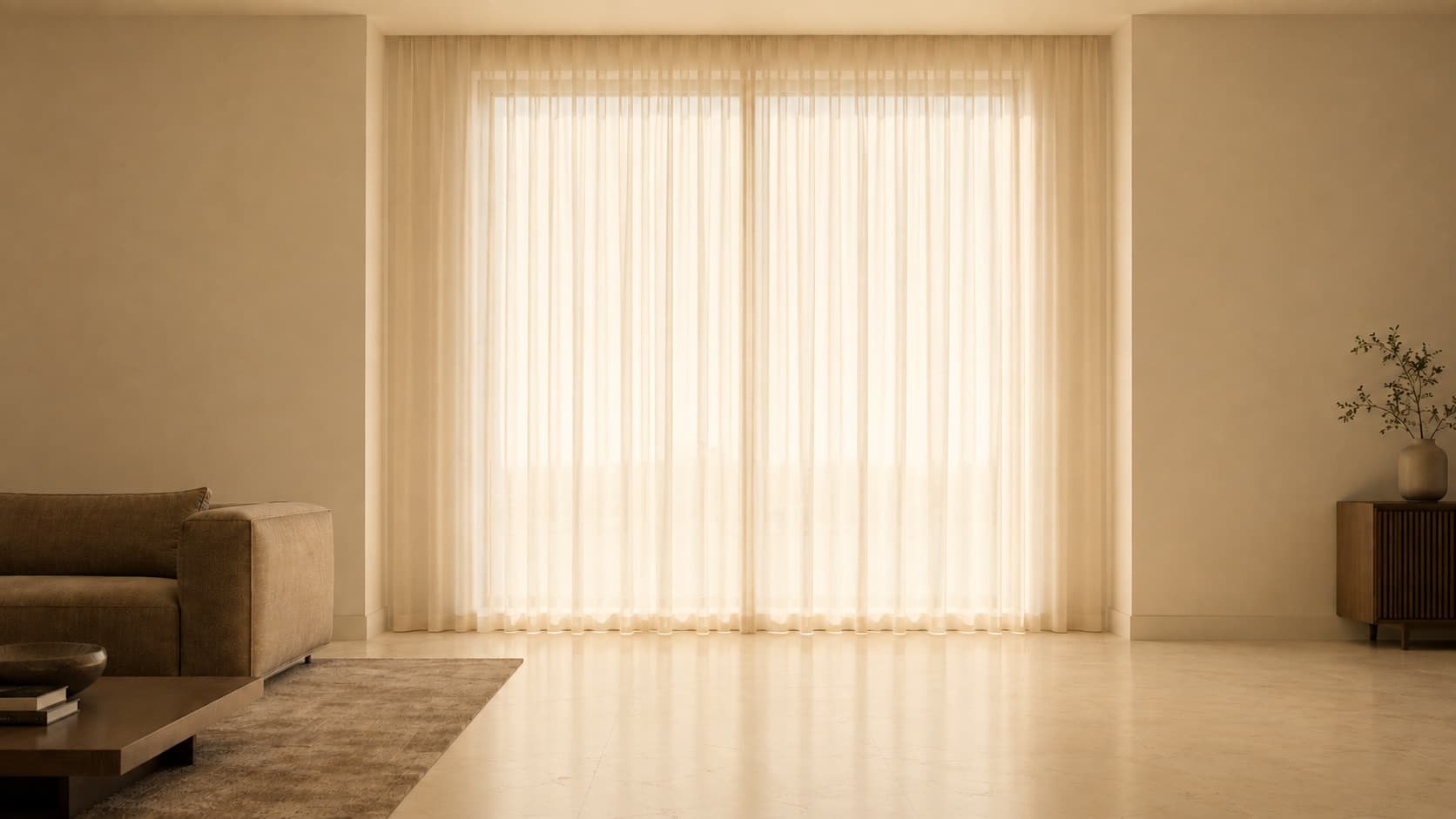 The same window with sheer curtains drawn, light softened and diffused