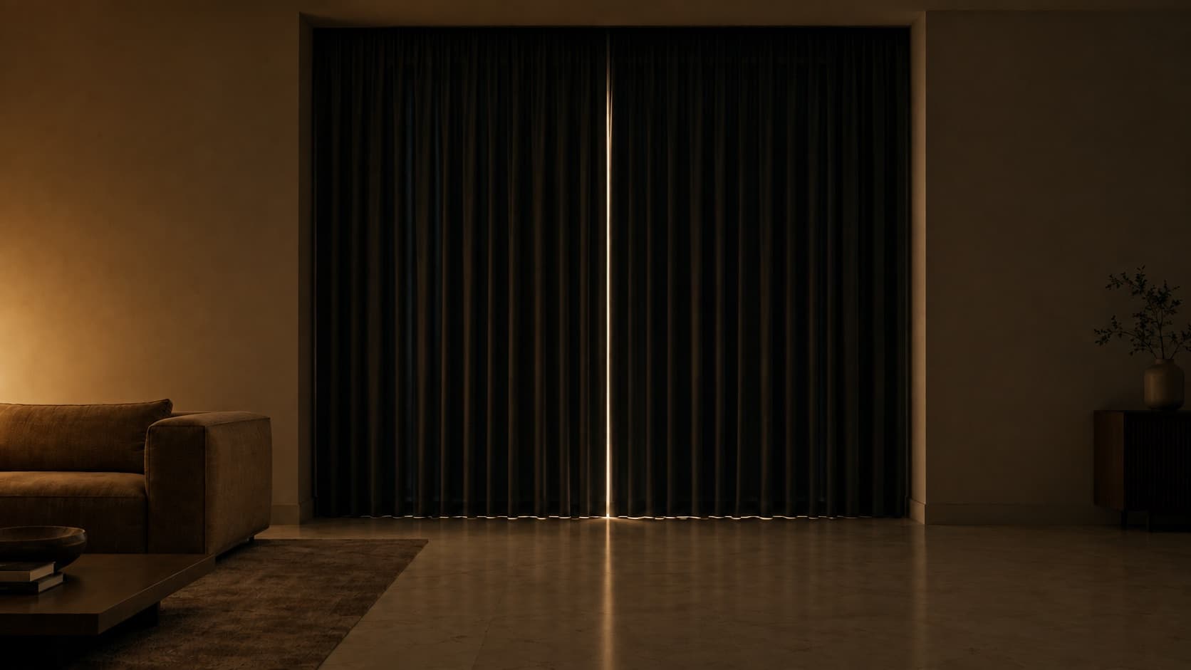 The same window with blackout curtains closed, the room dark and calm